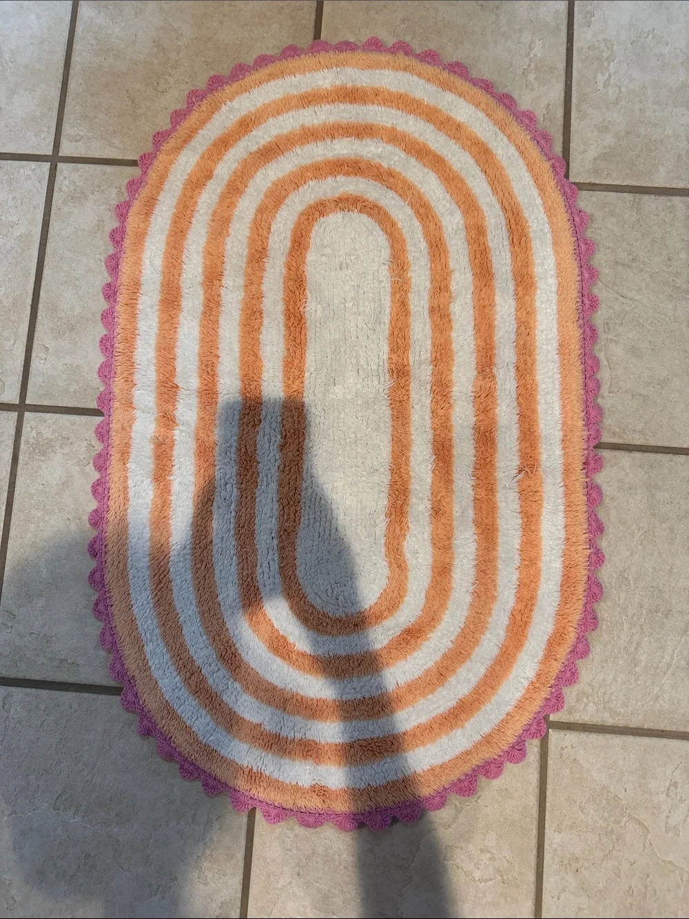 Rug Mat White and Orange Striped Oval Door Mat with Pink Scalloped Edge